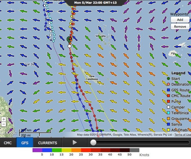 The split fleet positions five days out form the finish of the Volvo Ocean Race. the SE Trades can be clearly seen with the yellow and orange arrows © PredictWind.com www.predictwind.com